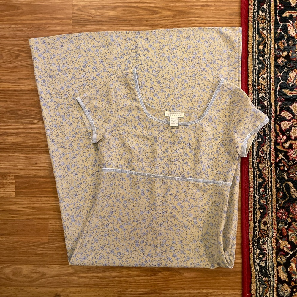 Vintage Express Yellow and Blue Floral Velvet Trim Dress
